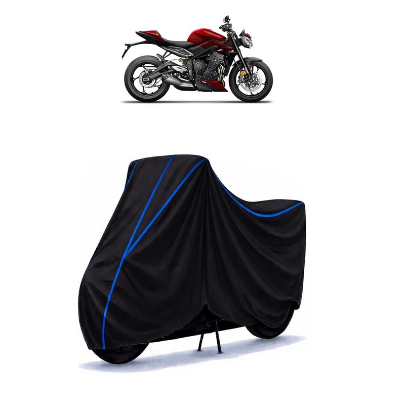 Image of Triumph Street Triple RS Bike Cover Water Resistant Universal Motorcycle Rain | Heavy Duty UV Protection, Dust, Scratch Indoor Outdoor All Weather with Black Blue Piping Elastic