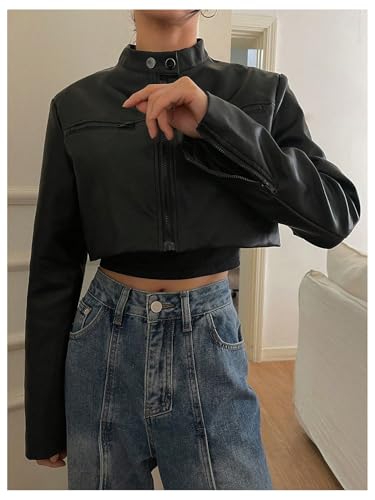 OYOANGLE Women's Faux Leather Cropped Jackets Long Sleeve Zip Up Moto Biker Jacket Outwear4