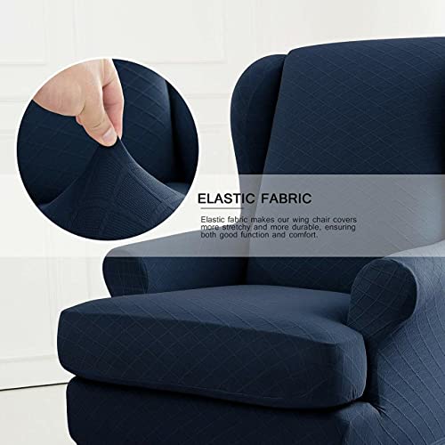 Enova Floral Wing Chair Slipcovers Couch Covers, Soft Rhombus Jacquard Polyester Spandex Fabric Wingback Slipcovers, 2 Pieces Chair Covers Furniture Protector For Living Room (Dark Blue) #TOP2