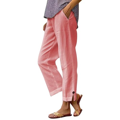 Image of Linen Pants Women 2026 Summer Beach Vacation Trousers Elastic Waist Linen Capris Pants Boho Casual Travel Pant