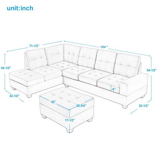 NOUVCOO Sectional, L-Shaped Sofa with Reversible Chaise Lounge Ottoman and Cup Holders, Gray Microfiber