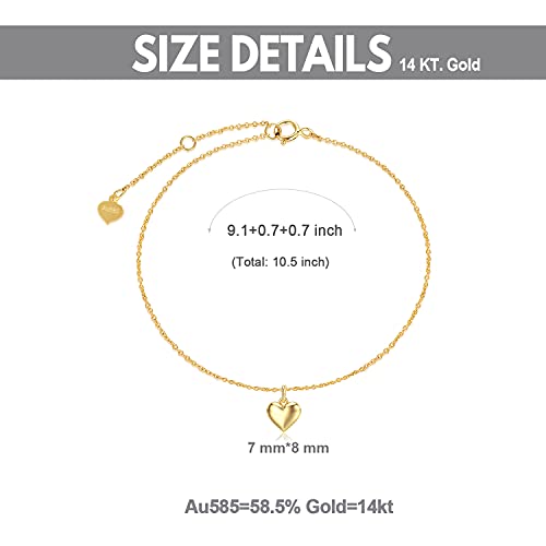 Sisgem Real 14K Gold Puff Heart Anklet For Women, Love Ankle Bracelet Foot Jewelry Gifts Christmas Present For Her, 9+1+1 Inch #TOP2