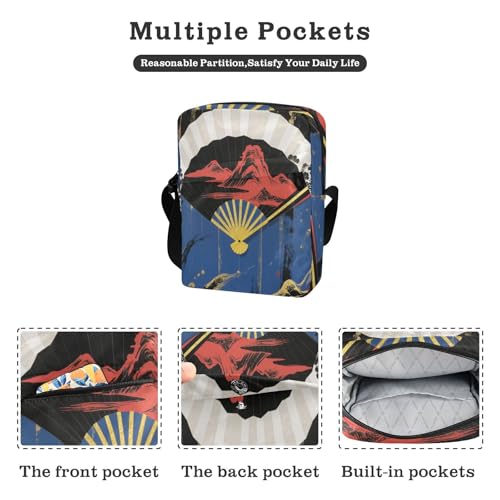 messenger bags for women Shoulder Bag For Woman Purses Cross Body Bag Adjustable Strap for Shopping Shopping- Golden Blue Black Fan Japanese2