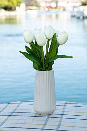 Flora Bunda Artificial Flowers Real Touch White Tulips In 8” H Ceramic Vase, 16” H Include Matte White Vase, Potted Fake Tulips, Wedding Centerpiece Office Home Decorations (Vase Included) #TOP3