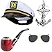 Yacht Captain & Sailor Costume Accessories Set - Hat,Corn Cob Pipe,Aviator Sunglasses,Vintage Anchor Temporary Tattoo (OneSize, C1)