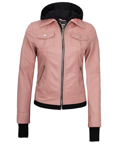Image of Womens Leather Jacket with Detachable Hood - Real Lambskin Bomber Jacket Thumbholes Women