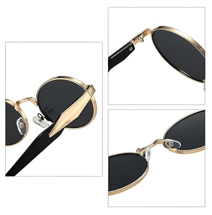 Image of Creature Oval Metal Frame Sunglasses for Men & Women | Vintage Retro Style | UV Protection | Gold Frame with Dark Lenses