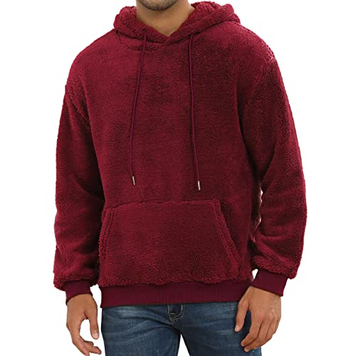 Pegeno Mens Fuzzy Sherpa Hoodie Pullover Sweatshirts Loose Cozy Pocket Long Sleeve Winter Hooded Outwear（Wine Red Large） #TOP2