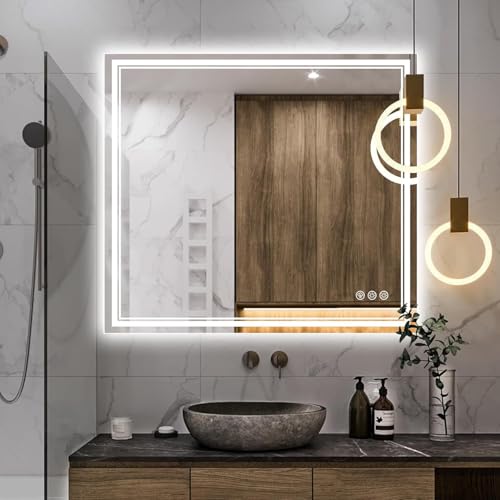 Image of Ratsamee 40x36 Inch LED Bathroom Mirror with Frontlit & Backlit, Lighted Mirror for Bathroom Wall with 3-Color Dimmable & Anti-Fog, Vanity Mirror with Lights