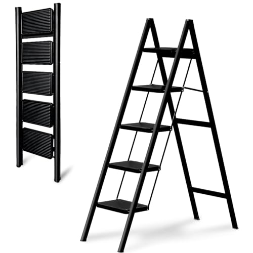 Image of JIALTO 5 Step Metal Ladder for Home, Foldable Lightweight Stepping Stool with Wide Pedals, Anti Slip Heavy Duty 200 Kg Capacity, Portable Ladder for Kitchen, Office, Library (Matte Black)