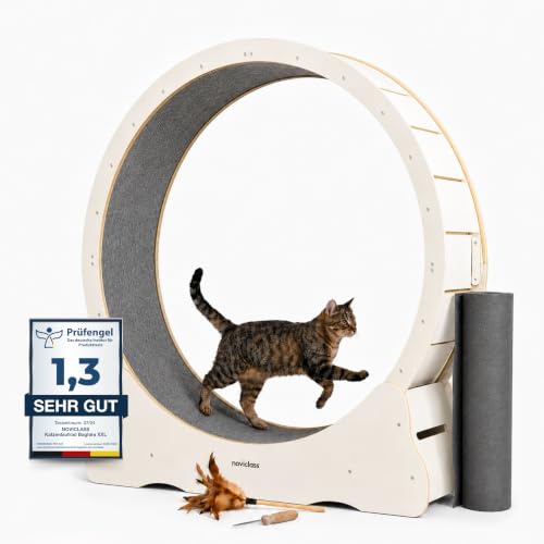 noviclass Katzenlaufrad Baghira Groß XXL | 132 cm Durchmesser für alle Katzen | Inklusive Anti-Vibrationsmatte | Kurzfloriger Teppich in 2 Farben zur Auswahl (Weiß mit grauem Teppich)
