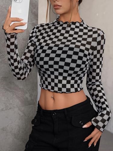 SOLY HUX Women's Plaid Sheer Mesh Tee Mock Neck Long Sleeve Lettuce Trim Crop Tops T Shirt4
