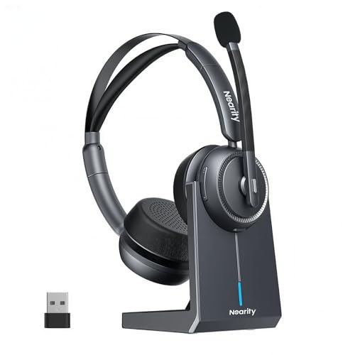 NEARITY EP320 Auriculares Inalámbricos con Micrófono para Trabajo, Bluetooth con Cancelación de Ruido, Tipo A Dongle para PC, Base de Carga & Cancelación de Ruido para Oficina/Hogar/Call Center