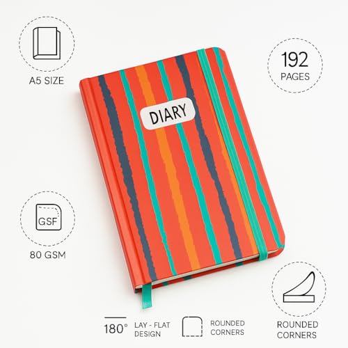 Image of COI A5 Trendy Striped Hardcover Diary 5.5x8.5″ - 192-Page Unruled Journal, 80 GSM Cream Paper, Dual Ribbon Bookmarks, Elastic Closure & Rounded Corners