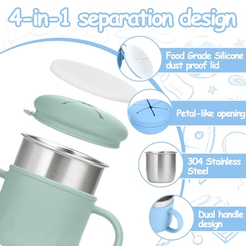 Image of Mity rain 2-Pack Stainless Steel Snack Containers, 4-in-1 Spill proof Snack Cups With Silicone Lid and Handle, Dishwasher Safe Travel Snack Containers for Kids and Infants (Green + Blue)