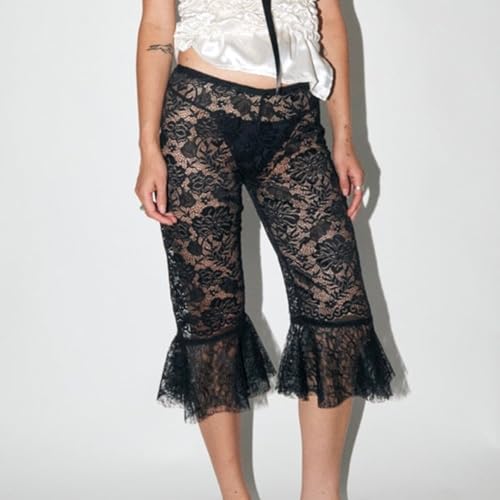 Image of Women Sheer Floral Lace Leggings Capris Y2K See Through Knee Length Tights Thigh High Stockings