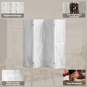 4 Panel Room Divider, 5.6Ft Pegboard Display Wood Room Divider Folding Privacy Screens, Room Divider Peg Board Display Freestanding for Trade Show Craft Show Home Wall Organizer, Retro White 4 Panel Room Divider 56Ft Pegboard Display Wood Room Divider Folding Privacy Screens Room Divider Peg Board Display Freestanding for Trade Show Craft Show Home Wall Organizer Retro White