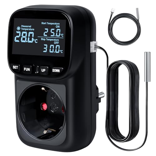 Temperatursteuerung Steckdose 16A/3680W -40°C~120°C, Digitales Thermostat, 5M + 2M Kabel Sensoren, Heizen/Kühlen, Zyklustimer/Countdown- Schwarze