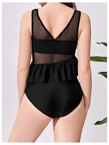 OYOANGLE Girl's Tankini Set Contrast Mesh Ruffle Hem V Neck Bikini Sets 2 Piece Bathing Suit2