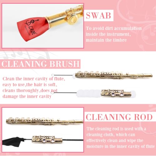 Image of Vesici 40 Pcs Flute Cleaning Kit, Flute Care Accessories Set,Red | Portable Music Accessory Organization with Cleaning Rod, Swab, Brush, Grease, Case, Thumb Rest Cushion for Flute Maintenance