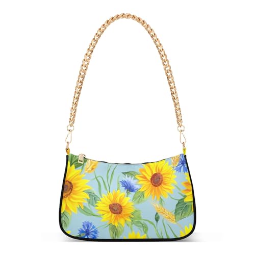 Bright Sunflowers Blue Floral Tote Handbag Womens Lady One Shoulder Bag Hobo Purse Clutch Zipper Closure Chain Strap