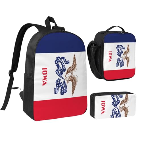 Iowa state flag print Shoulder Bookbags Lunch Bag and Pen Case 17 inches Backpack with Lunch Box, Cute Bookbag Set