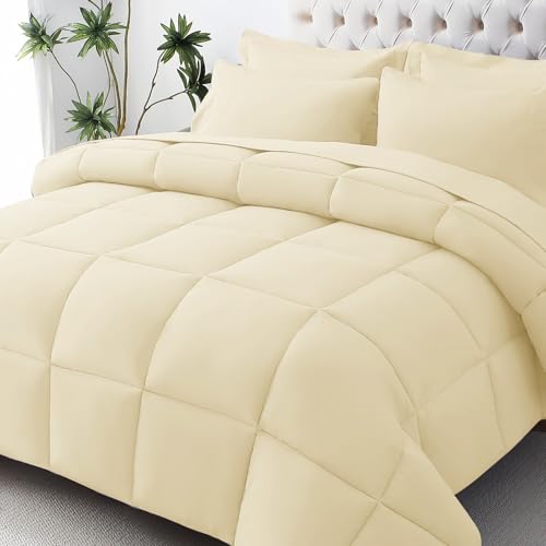 JOLLYVOGUE Queen Comforter Set Ultra-Soft Bed in a Bag Queen Size 7 Pieces Oeko-TEX Certified Bedding Set with Down Alternative Comforter Sheets Pillowcases & Shams Light Yellow