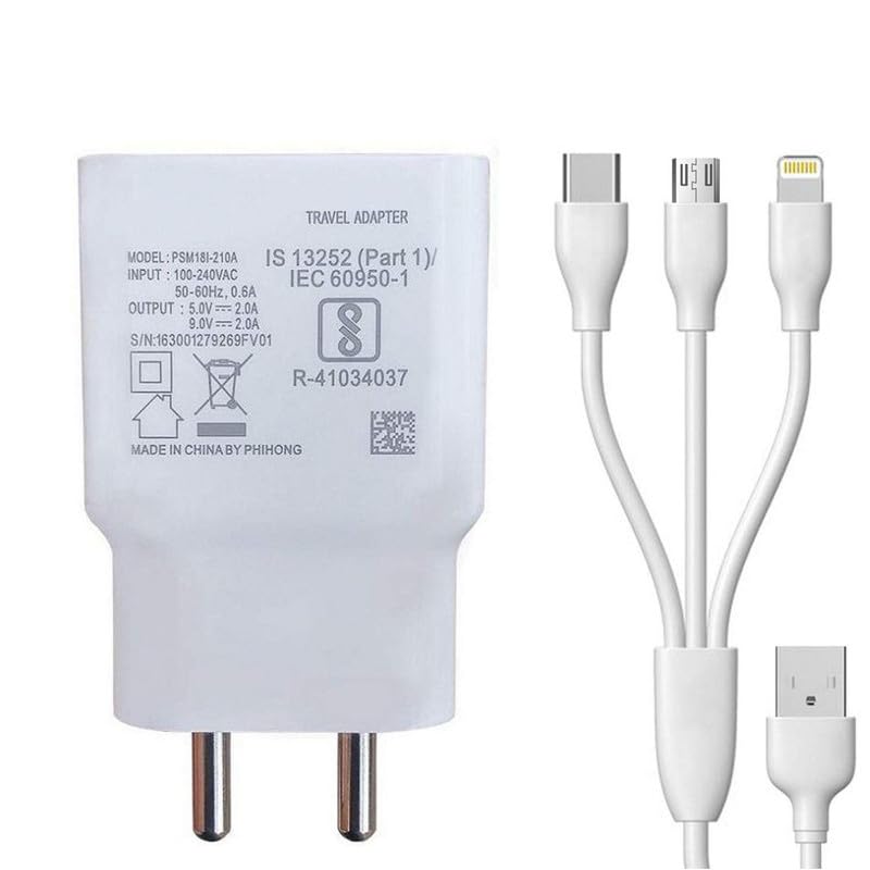 Ultra Fast Charger for Acer Liquid Z220 Single Port High Speed Turbo Charge Smart QC 3.0 with 1.2m 3-in-1 Multi Cable Micro USB Android iOS Type-C USB Cable (White, VO, SZ.W)