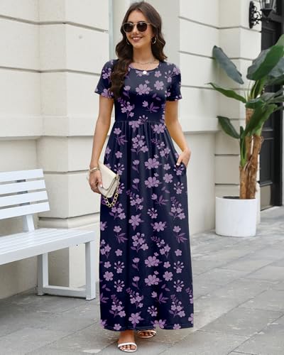 Image of COSSEN Women's Crew Neck Short Sleeve Maxi Dress with Pockets Casual Loose Swing for Wedding Guest Beach Vacation