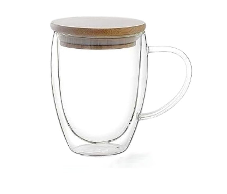 1CHASE Double Walled Glass Coffee Cups with Handle and with Bamboo Lid 350ml, Insulated Coffee Mugs Perfect for Cappuccino, Macchiato, Latte, Tea, Juice, Iced & Hot (350 ML)