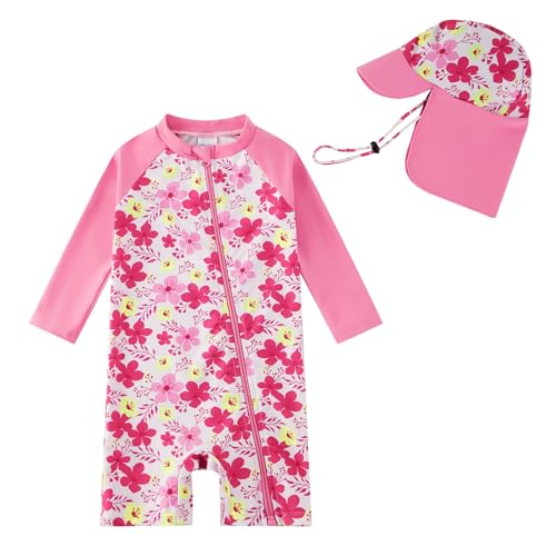 Baby Girls One Piece Swimwear with UPF 50+ & Sun Hat Recyclable Toddler Full Zipper Swimsuit Infant Sunsuit (Rose Flower, 18-24 Months)