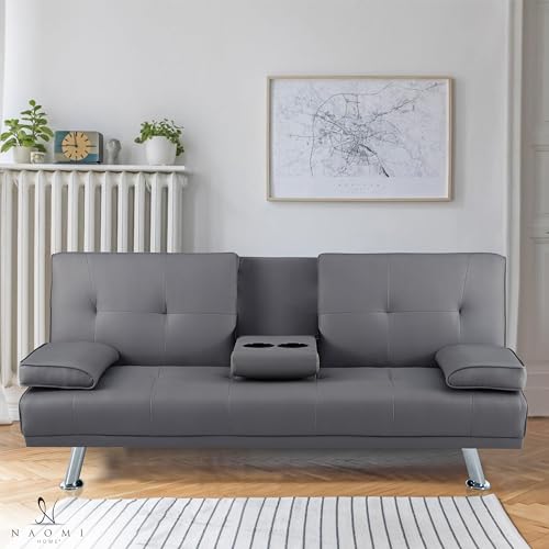 Naomi Home Low Profile Design: Convertible Folding Futon Sofa Bed Sleeper Couch for Living Room Faux Leather Upholstered Futon Sofa with Armrests, Metal Legs, 2 Cup Holders, Gray