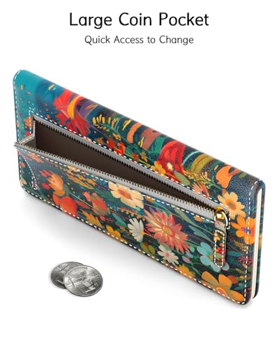 Image of Nipichsha Womens Wallet, RFID Slim Wallets for Women, Thin Ladies Credit Card Holder Purse, Cute Leather Bifold Clutch Billfold with 11 Card Slots & ID Window, Flowers Cat