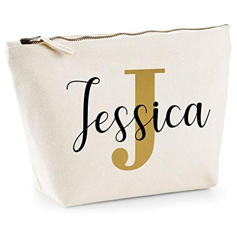 Womens Gold Initial and Name Makeup Bag - Personalised Christmas Gifts for Her - Gold Makeup Pouch, Natural, L Cover