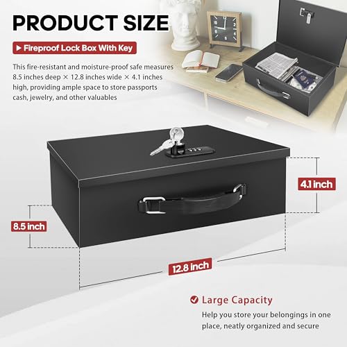 YIYITOOLS Fireproof Lock Box with Key and Combination Lock, Fire Safe Document Box, Portable Fireproof Waterproof Safe for Home,Office,Travel, Secure Storage for Documents,Jewelry,Passport,Cash thumbnail 6