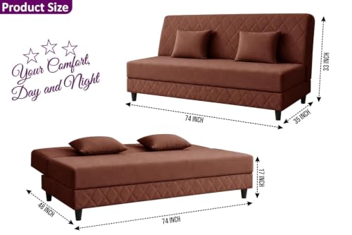 Image of Deco Studio 3 Seater Sofa Bed | Premium Upholstered Velvet Fabric Folding Couch for Living Room, Guest Room & Bedroom | Quilted Backrest with 2 Cushions (Brown)