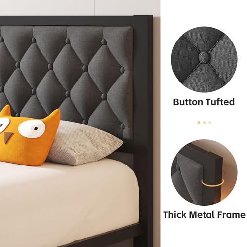 Twin Bed Frame with Headboard Linen Upholstered Bed Frame Platform,All Metal Slats Support Platform Bed Frame with Storage Space,Easy Assembly,Noise Free,No Box Spring Needed,Grey