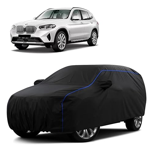 Image of Sulfar 100% Water Resistant Car Body Cover Compatible with Mirror for BMW X3 (Triple Stitched, Full Bottom Elastic, Black Tafetta with Blue Piping)