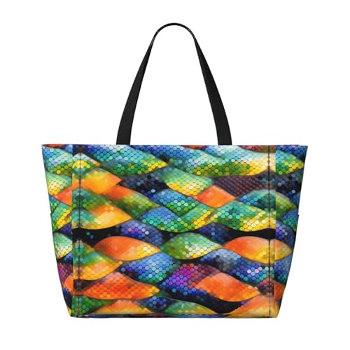Rainbow Fish Scale Large capacity beach bag with zipper, perfect for grocery bag pool gym travel shopping foldable beach travel bag,2