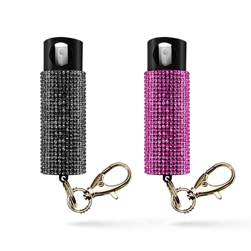Guard Dog Security Bling it On Pepper Spray Keychain with Safety Twist Top Mini and Easy Carry Lightweight and Fashionable Maximum Police Strength OC Spray 16 Feet Range (Black/Pink - 2Pack)