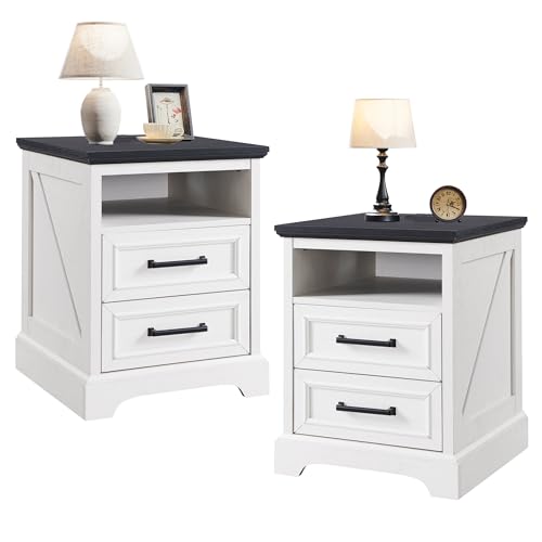 ACCOHOHO 18″ Farmhouse Nightstand Set of 2 with Charging Station,End Table with 2 Drawers Storage,Side Table,Bedside Cabinet for Bedroom,Living Room, Withe
