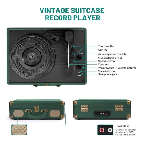 Image of Vinyl Record Player Bluetooth Turntable 3-Speed Suitcase Portable Vintage Belt-Driven Record Player with Speakers RCA Line Out AUX in Headphone Jack