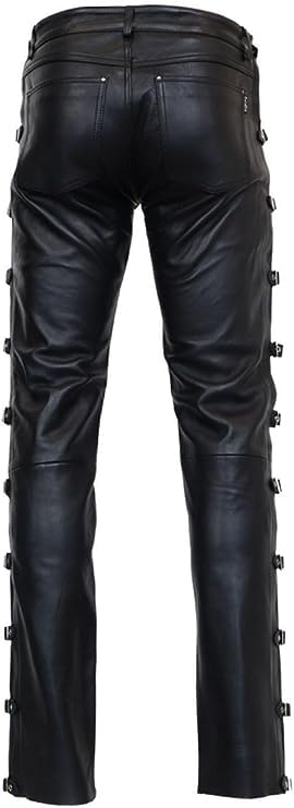 Genuine Leather Pants for Men Black Bikers Pants 100% Real Lambskin Leather with Side Buckles2