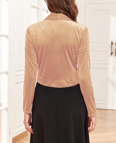 Women's Long Sleeve Velvet Shrug for Dresses Cocktail Party Open Front Cropped Bolero Cardigan Top3