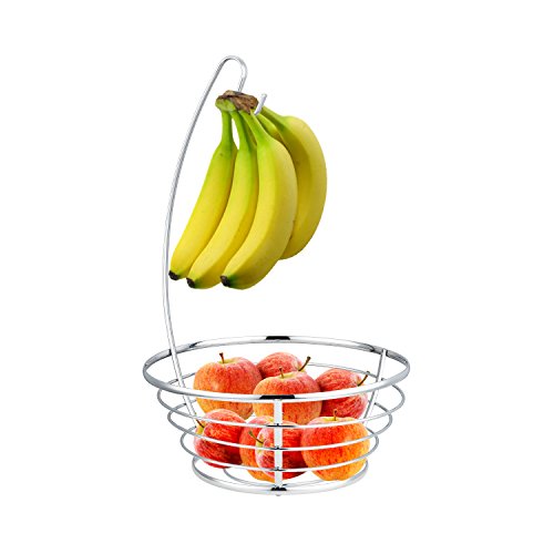 Home Basics Chrome Plated Steel Fruit Tree Basket Bowl with Banana Hanger, Free Standing, Rust Resistant, Silver