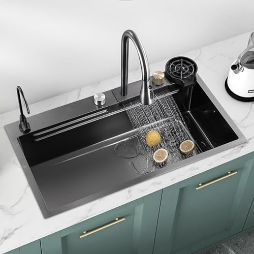 Black Drop-in Kitchen Sink, Stainless Steel Raindance Waterfall Sink with Pull-Out Faucet & Wooden Cutting Board – 60x45cm(80 * 45cm)