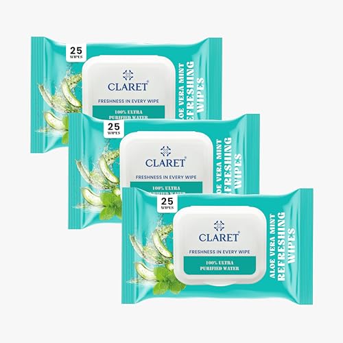 Image of Claret Refreshing Wet Wipes With Aloe Vera & Mint For Face & Body | 25 Pulls | 100% Ultra Purified Water | pH Balanced & Alcohol-Free (Pack of 3)