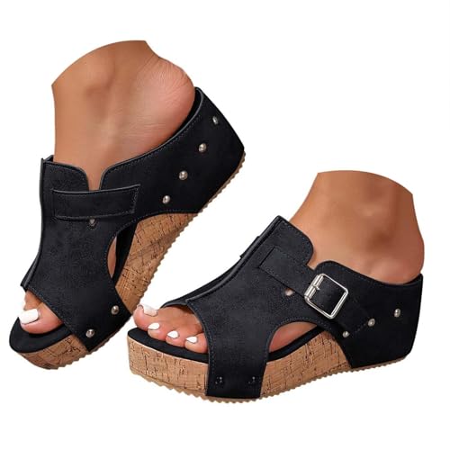 Black Women Platform Wedge Sandals 2026,Summer Open Toe Leather Orthopedic Arch Support Slides...
