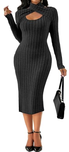 Image of Oxgmoky Women's Church Long Sleeve Sweater Dress Ribbed Bodycon Midi Work