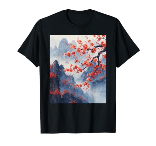 Vintage Cherry Blossom Woodblock Japanese Graphical Art T-Shirt